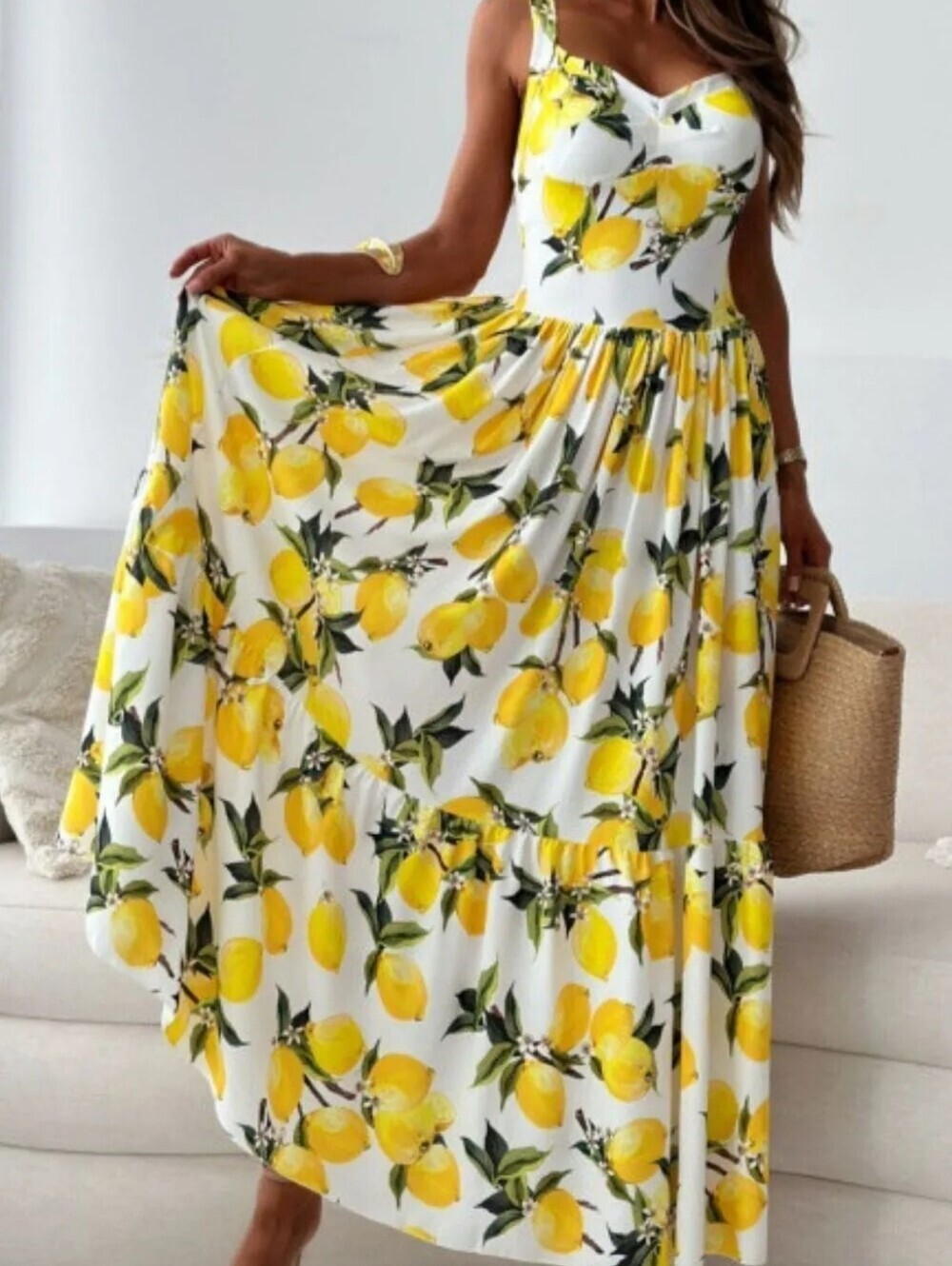 Lemon Print Sweetheart Neck Maxi Dress